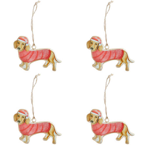 4PK Urban Christmas Sausage Dogs Metal Hanging Decor 10cm Red/Brown Assorted