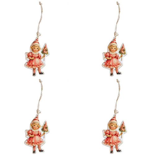 4PK Urban Yesteryear Girls Metal Hanging Christmas Decoration 11cm Pink Assorted