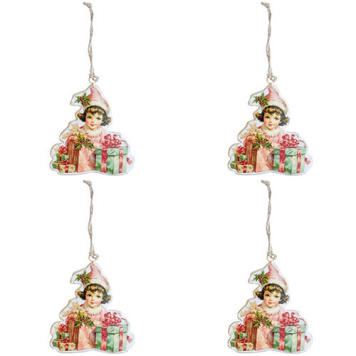 4PK Urban Yesteryear Girls with Presents Metal Hanging Decor 11cm Pink Assorted