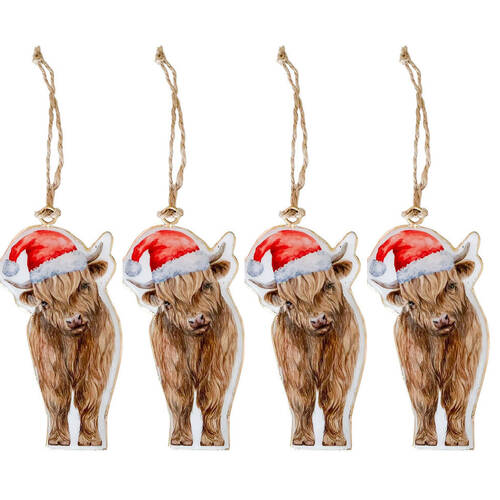 4PK Urban Highland Cow/Sheep with Hat Metal Hanging Decor 11cm White/Red Asstd