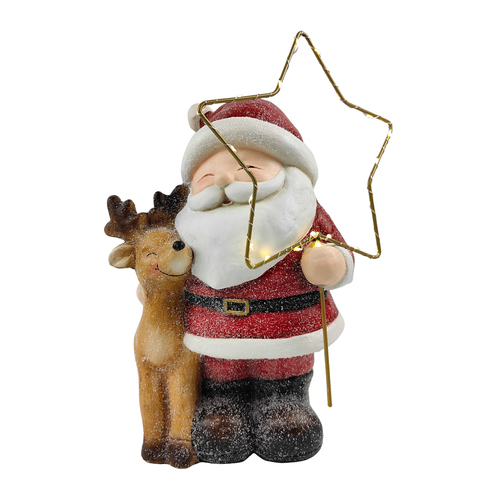 Urban 38cm Ceramic Santa & Reindeer Holding Star w/ Light
