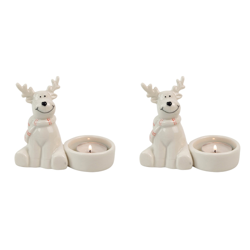 2x Urban Cute Reindeer 9cm Ceramic Tealight Holder Candle Home Decor - White