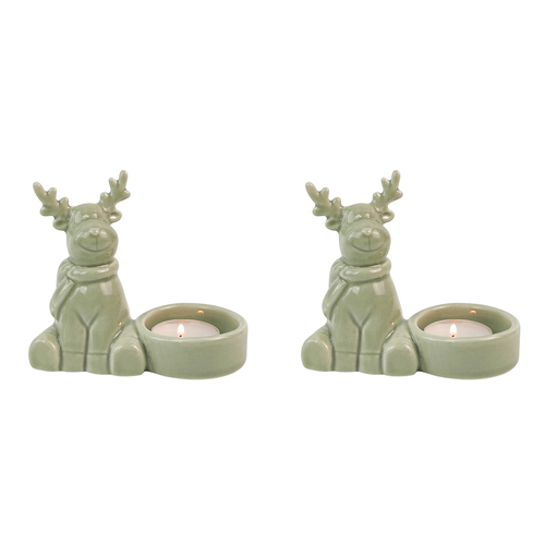 2x Urban Cute Reindeer 9cm Ceramic Tealight Holder Candle Home Decor - Sage