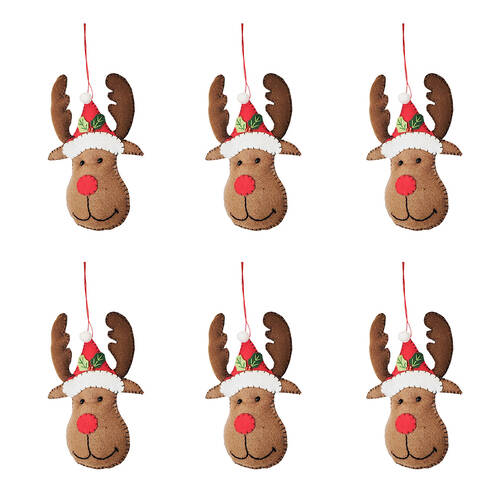 6PK Urban Reindeer Heads Hanging Christmas Decoration 15cm Brown Assorted