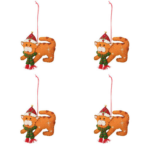 4PK Urban Playful Christmas Cats Fabric Hanging Decor 10cm Grey/Orange Assorted