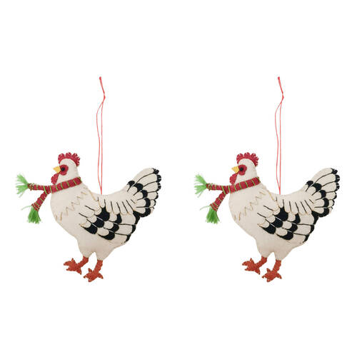 2PK Urban Christmas Chicken Fabric Hanging Decoration 10cm White/Red
