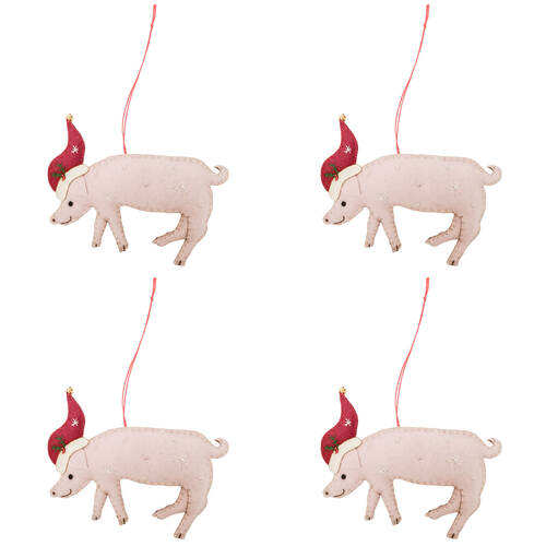 4PK Urban Wool Felt Christmas Pig Fabric Hanging Decoration 12cm Pink/Red