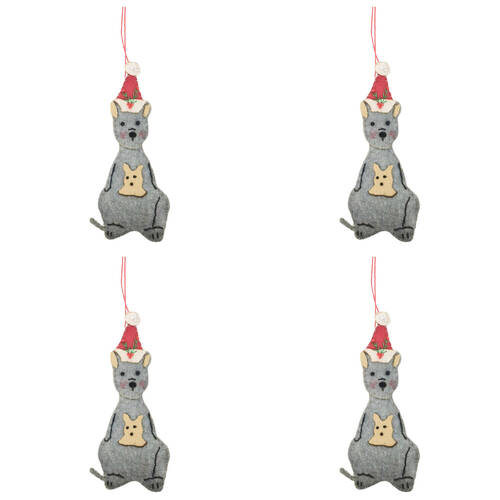 4PK Urban Christmas Kangaroo Fabric Hanging Decoration 12cm Grey/Red