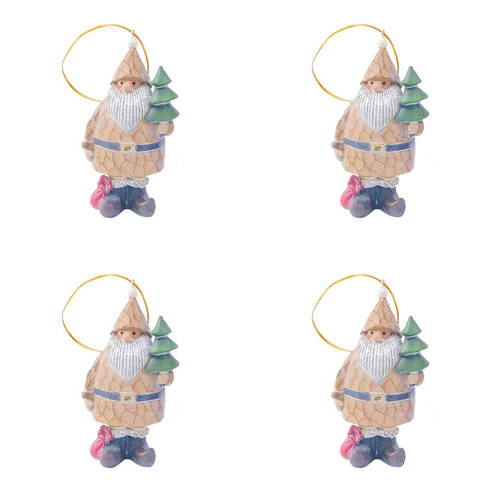 4PK Urban Carved Santa with Tree Present Resin Hanging Decor 9cm Natural Asstd