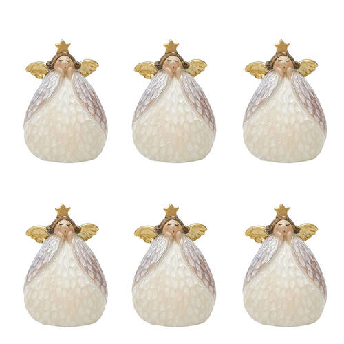 6PK Urban Carved Angel with Star Small Resin Standing 10cm White/Gold