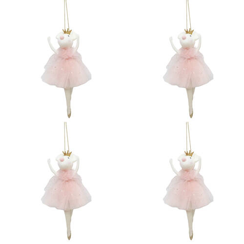 4PK Urban Ballerina Mice Hanging Christmas Decoration 19cm Pink/White Assorted