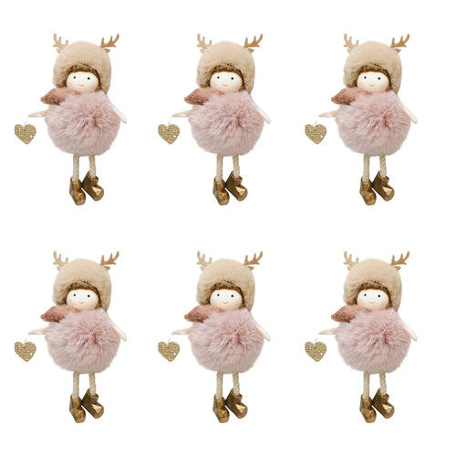 6PK Urban Fluffy Girls Hanging Christmas Decoration 14cm Bisque/Pink Assorted
