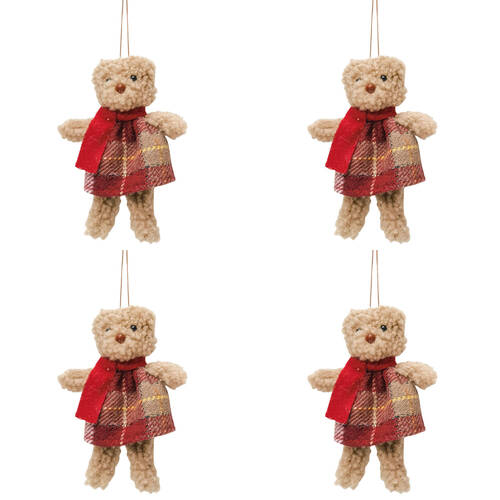 4PK Urban Teddy Hanging Christmas Decoration 14cm Red/Brown Assorted