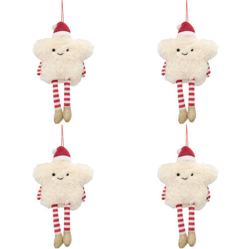 4PK Urban Fluffy Star Hanging Christmas Decoration 19cm Red/Cream