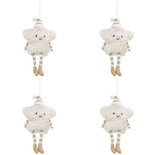 4PK Urban Fluffy Fabric Star Hanging Christmas Decoration 19cm White