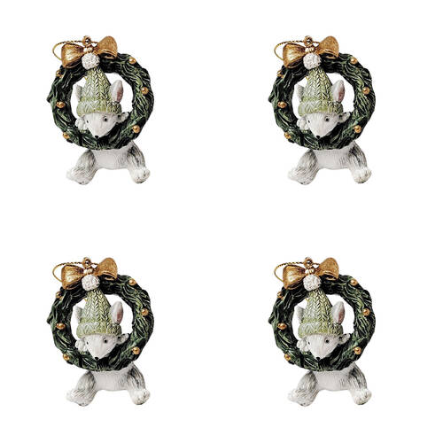4PK Urban Playful Christmas Mice Hanging Decoration 6cm White/Sage Assorted