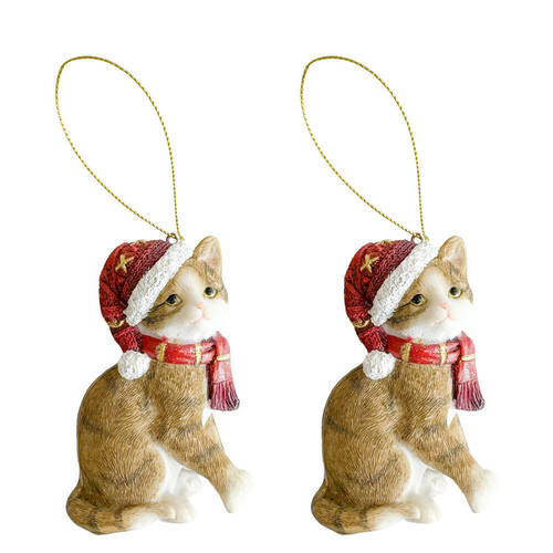 2PK Urban Christmas Cat w/ Hat Hanging Tree Decoration 11cm Red/Beige