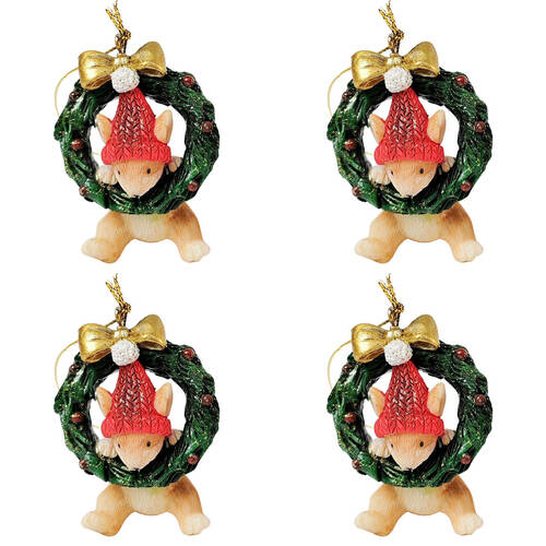 4PK Urban Playful Christmas Mice Hanging Decoration 6cm Red/Bisque Assorted