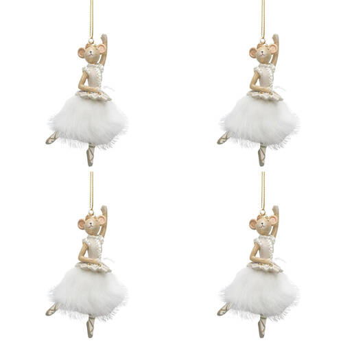 4PK Urban Nutcracker/Ballerina Mice Resin Hanging Decor 11cm Bisque Assorted