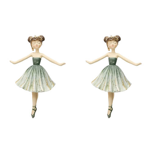 2PK Urban Ballerina Resin Hanging Christmas Decoration 10cm Sage Green Assorted