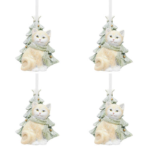 4PK Urban Cat with Tree Resin Hanging Christmas Decoration 8cm Natural/Sage