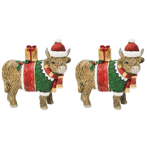 2PK Urban Highland Cow Resin Standing Christmas Decoration 11cm Green/Natural