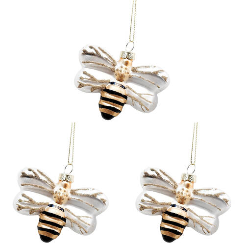 3PK Urban Glass Bee Hanging Christmas Tree Decoration Ornament 8cm Gold