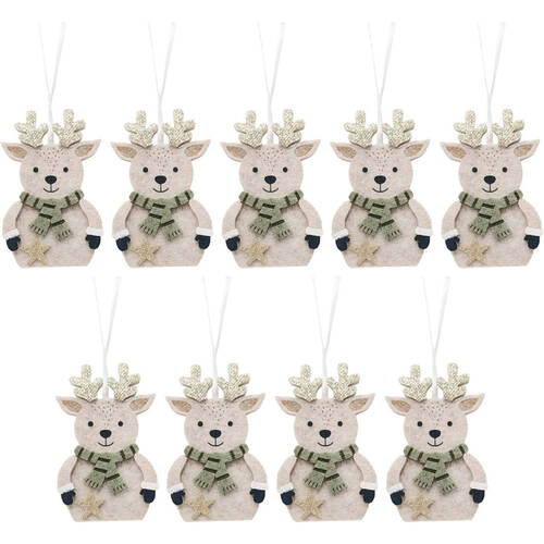 9PK Urban Felt Reindeer with Scarf Hanging Christmas Decor 9cm Bisque Assorted