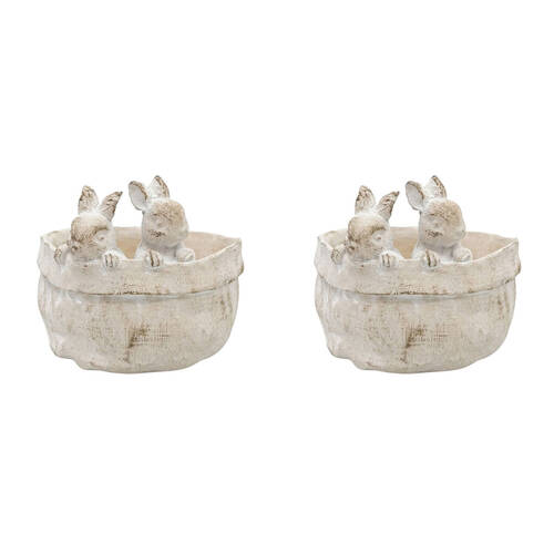2PK Urban Ceramic Fable Bunnies Bowl Outdoor Garden Decor 18cm Bisque