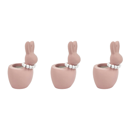 3x Urban Cute Bunny w/ Pearls 11cm Concrete Egg Holder Small - Pink