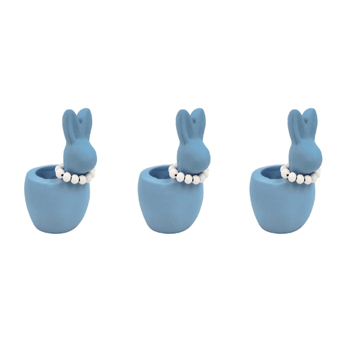3x Urban Cute Bunny w/ Pearls 11cm Concrete Egg Holder Small - Blue