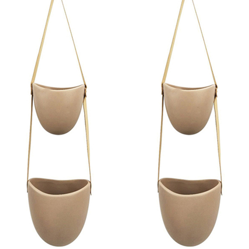 2x Urban Friday Double 12/14cm Ceramic Hanging Planter Pot - Latte