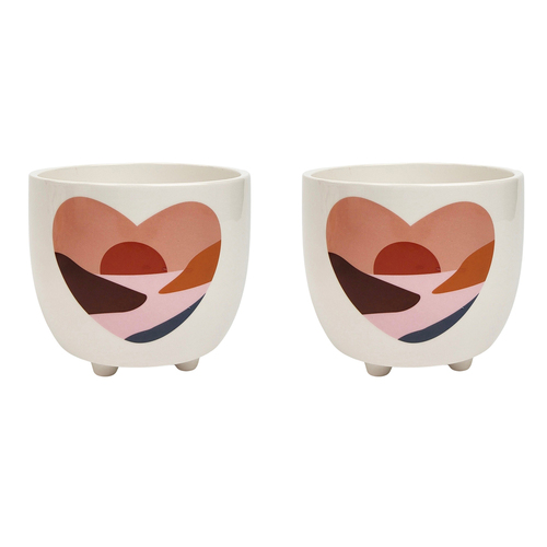 2x Urban 10cm Landscape Hearts Ceramic Planter Small - Pink/White