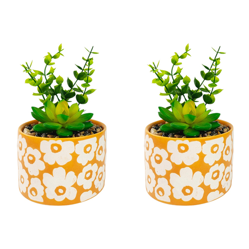 2x Urban Retro Floral 15cm Ceramic Artificial Potted Plant - Orange