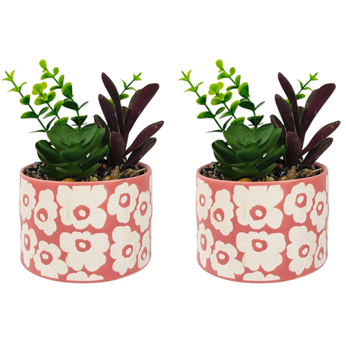 2x Urban Retro Floral 15cm Ceramic Artificial Potted Plant - Pink