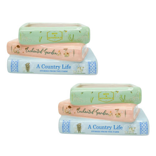 2PK Urban Book Stack Decorative Home/Garden Plant Pot Green Pink Planter 18x12cm