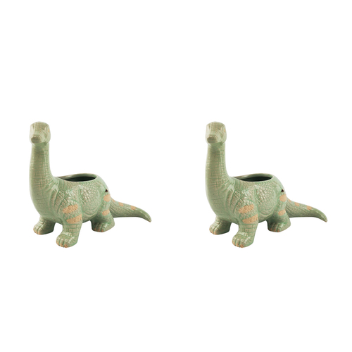 2x Urban Dinosaur 15cm Ceramic Planter Ornament Display Pot - Green
