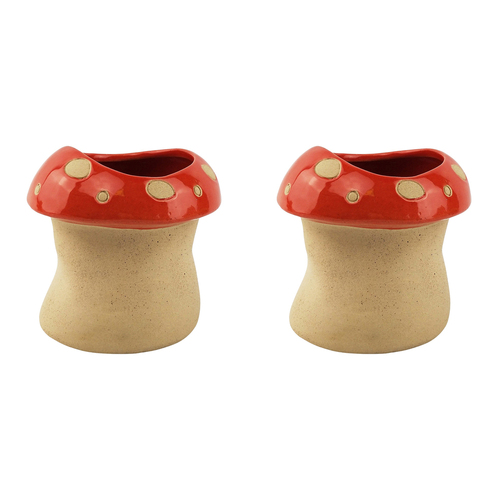 2x Urban 10cm Mushroom Ceramic Planter Garden Plant Pot Medium - Red