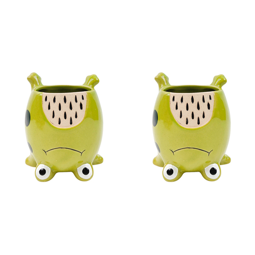 2x Urban Upside Down Frog 12cm Ceramic Planter Pot - Green
