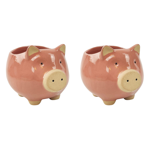 2x Urban Pig 11cm Ceramic Planter Ornament Display Pot Medium - Pink