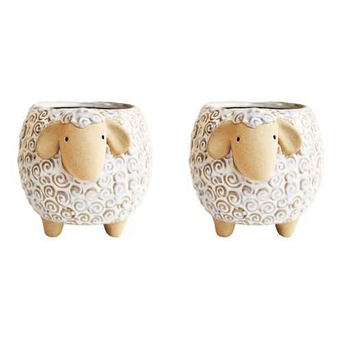 2x Urban 12cm Ceramic Sheep Planter Home/Garden Decor - White/Sand