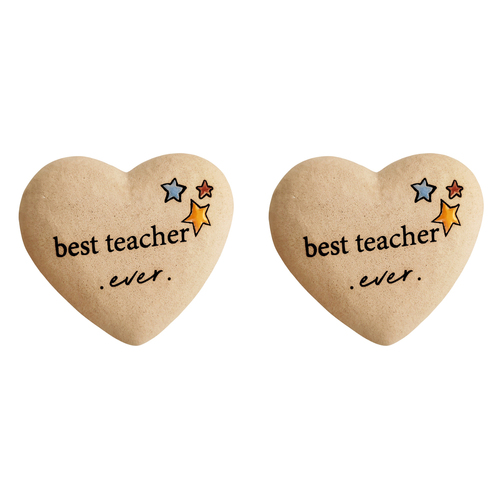 2x Urban 9cm Ceramic Best Teacher Ever Boxed Heart Stone - Sand