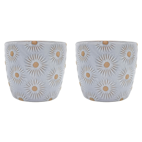 2PK Urban Embossed Daisy Planter White 14cm Home Decorative Garden Decor