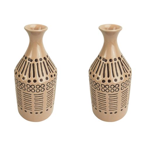 2x Urban Thea Tribal 19.5cm Ceramic Plant/Flower Vase Display - Beige/Mocha