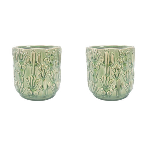 2PK Urban Cactus Stoneware Outdoor Garden Planter Pot 15x14cm Green