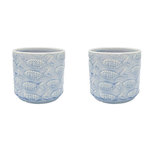 2PK Urban Fish Stoneware Outdoor Garden Planter Pot 14x13cm Blue