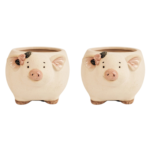 2x Urban 9.5cm Ceramic Pig w/ Flowers Planter Home/Garden Decor - Sand