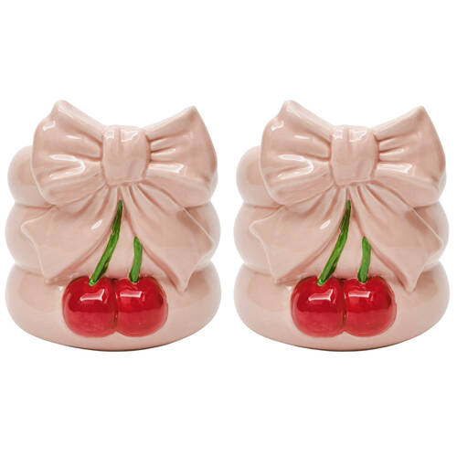 2PK Urban Cherry Bow Ceramic Planter Pot 19cm Pink/Red