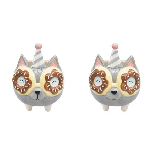2PK Urban Ceramic Donut Cat Outdoor Garden Planter Pot 15cm Grey