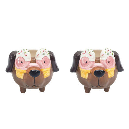 2PK Urban Ceramic Ice Cream Dog Outdoor Garden Planter Pot 13cm Brown